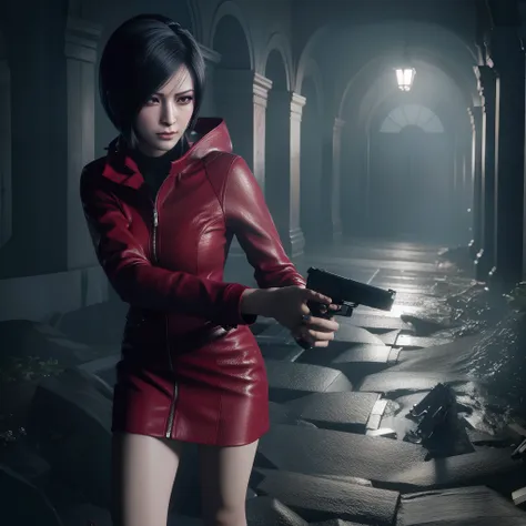 hd, ada wong, beautiful face, bob hair, red coat with black nail polish,  glare, holding a gun