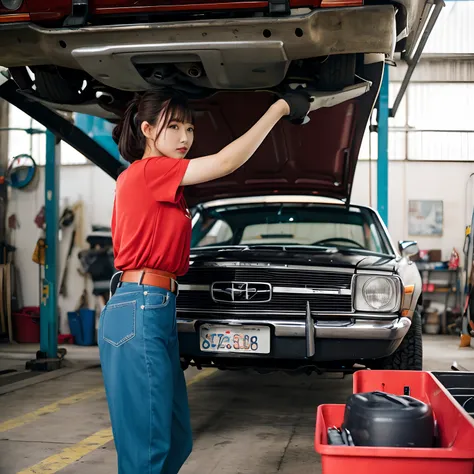 Female car mechanic。red clothing