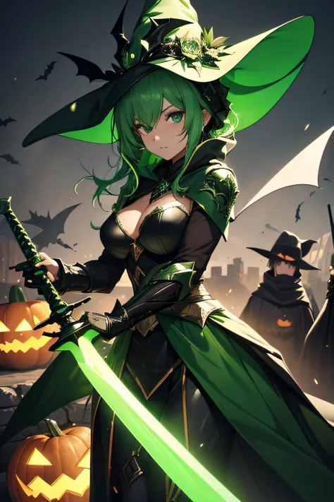 (best quality,4k,highres:1.2),green armored woman,black cloak,white witch hat,green hair,pumpkins,halloween theme,holding a sword,neon red detailed bats.