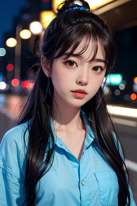 1girl, Tokyo street, nighttime, City view, city lights, upper body, Close-up, 8k, RAW photo, bestquality, master-piece, lifelike, photo-realistic,Rubber Band, Top Knots, long-haired, messy hair, blue Hawaiian shirt