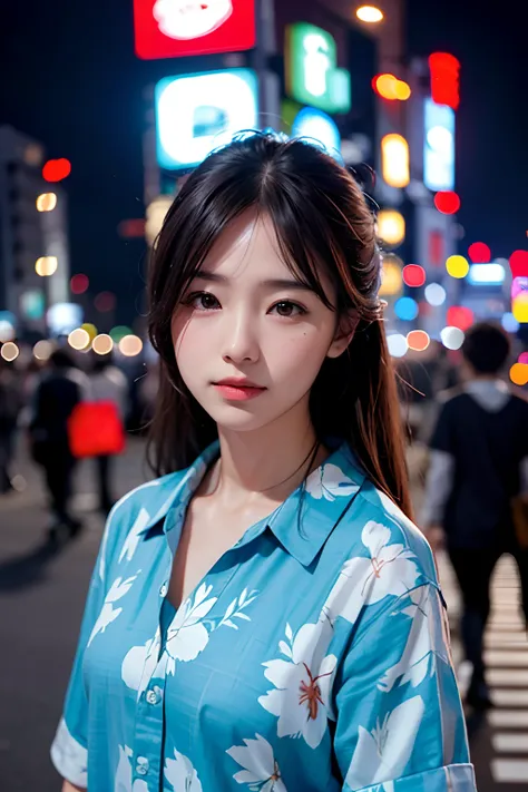 1girl, Tokyo street, nighttime, City view, city lights, upper body, Close-up, 8k, RAW photo, bestquality, master-piece, lifelike, photo-realistic,hawaiian shirt