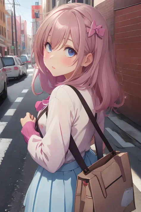 urban streets,fluffy main color brown and pink mixed hair,blue eyes,white skirt with plenty of frills,hold the map in one hand,t...