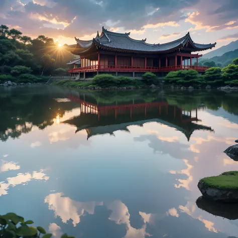 SFW, 1girl, solo focus, pov, very wide shot, landscape, east asian architecture, sunlight, sunrise, floating, cloud, sky, rain, water, full body, outdoors, scenery, depth of field