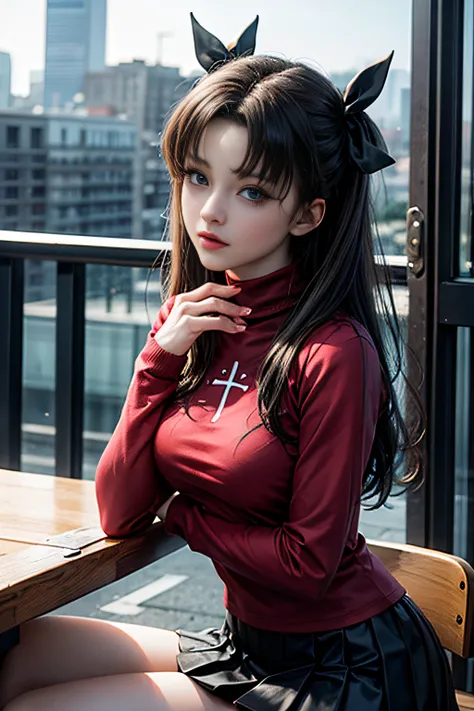 (masterpiece), best quality, expressive eyes, perfect face, 1girl, solo, rintohsaka, rin tohsaka, aqua eyes, black hair, hair ribbon, long hair, ribbon, sidelocks, two side up, black skirt, black thighhighs, long sleeves, miniskirt, pleated skirt, ((red sw...