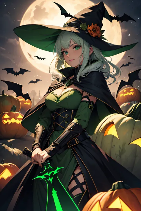 (best quality, highres),woman in green armor,black cape,green witch hat,white hair,pumpkins, Halloween theme,holding a sword neon,and some bats with red details