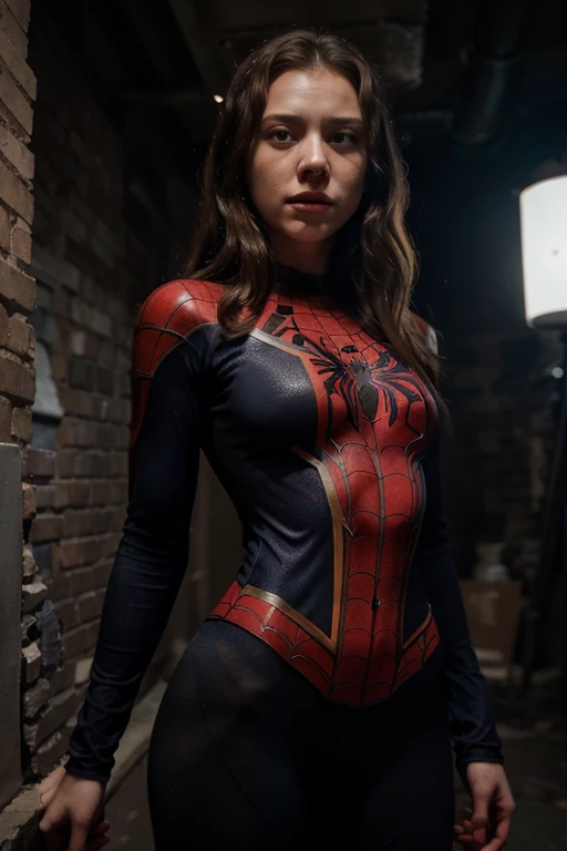 picture of a girl in a tom holland spiderman costume, girl wearing spiderman costume, expressive face, (Tom Holland face), (evil lair background), surprised tom holland facial expression, natural breasts, busty, (tom holland face), [detailed texture], [dra...