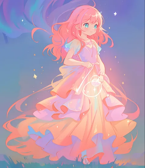 beautiful girl, ((puffy shimmering multi-layered ballgown)), vibrant pastel colors, (colorful), long flowing hair, magical lights, sparkling magical liquid, inspired by Glen Keane, inspired by Lois van Baarle, disney art style, by Lois van Baarle, glowing ...