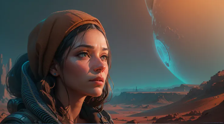 a woman stranded on a planet while exploring,illustration,detailed character,alien landscape(best quality,4k,8k,highres,masterpiece:1.2),ultra-detailed,realistic:1.37,portraits,intense colors,evocative lighting, portrait