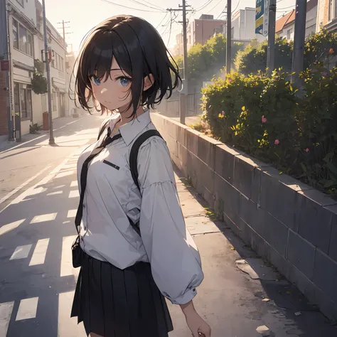 Portrait, Documentary, Photo, A girl is 13-year-old gender-neutral middle school student with short black hair and small chest, walking on the school commute route with a tired expression, Short hair, School uniform, School commute route, High quality, Rea...