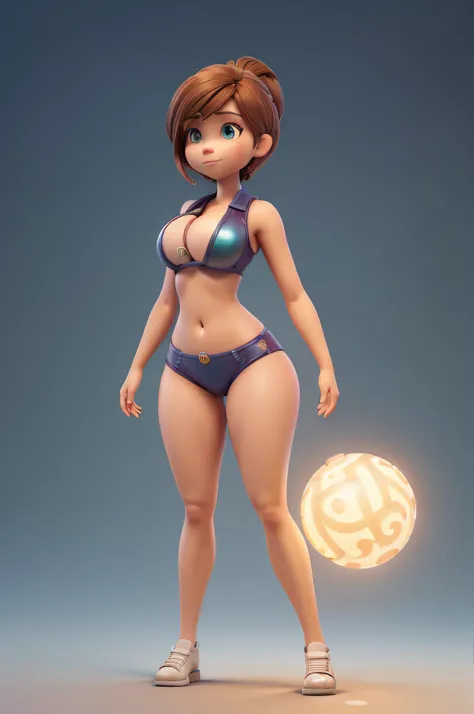 A woman with short bob hair, long sideburns, bikini, round breasts, small waist, big ass, thick thighs, {extremely detailed 16k CG unit wallpaper}, expansive landscape photography, (a bottom view focusing on the character), (wide open field view), (low angle shot), (high light: 1.5), (low light: 1.4), (warm light source: 1.8), complex details, (iridescent colors: 1.6) , (bright lighting), (atmospheric lighting), dreamy, sexy, unique