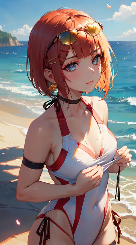 ((((summer theme,meticulous portrayal of face，1 noblewoman，a matural female)))),(dark night background+,perfect background)，Prom，Court etiquette，  s the perfect face， Perfect lips， perfect  eyes,)(((coast style,red hair,white competition swimsuit,no bra,ey...