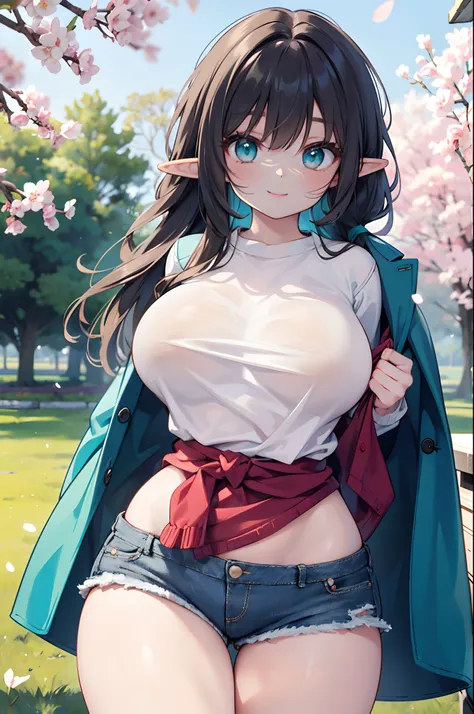 Realistic and detailed image of an elf. Dressed in a Cardigan coat and baggy t-shirt. Denim mini shorts. Long, silky black hair and long eyelashes. Turquoise eyes. Large breasts, slim waist, very wide hips and thick thighs. Smiling. Arched back. Posing sen...