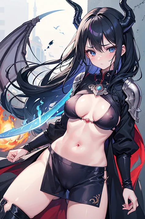 1 girl, black hair, straight hair, blue eyes, small eyes, turime, mature face, see-through, big breasts, cameltoe, no panties, blurry background, blushed, pepperoni nipples, erect nipples, dancing, areola slip, look down, ((dragon horn)), sword, flame, sha...