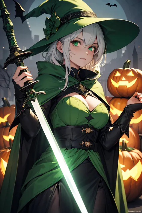 (best quality, highres),woman in green armor,black cape,green witch hat,white hair,pumpkins, Halloween theme,holding a sword neon,and some bats with red details