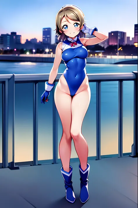 watanabe you, masterpiece, best quality, highres, 1girl, solo, superhero, leotard, bare legs, boots, matching boots, sleeveless, gloves, matching gloves, looking at viewer, city backdrop, blue and white leotard, standing, hands on hip, full body shot, smil...