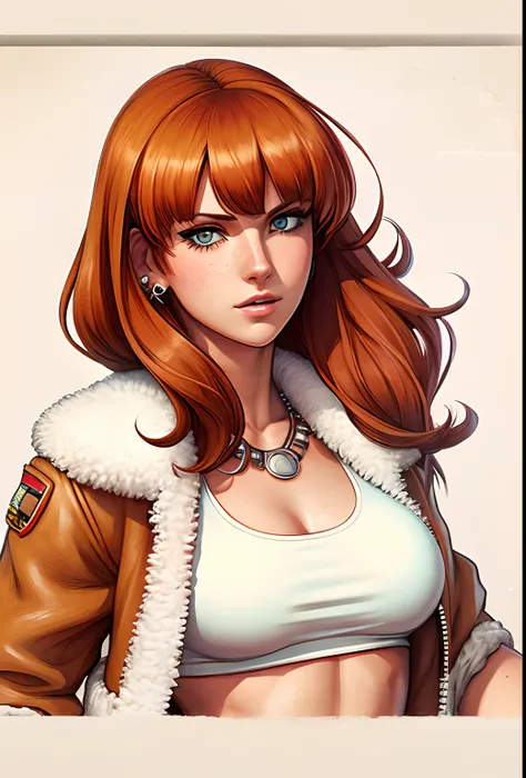 a woman with a brown bomber aviator jacket, white cropped top and short denim shorts, realism, ears not visible, straight hair, big breasts, sensual body, red hair, freckles, colorful, flowing bangs in front of the eyes, sensual girl, thin girl, finished a...