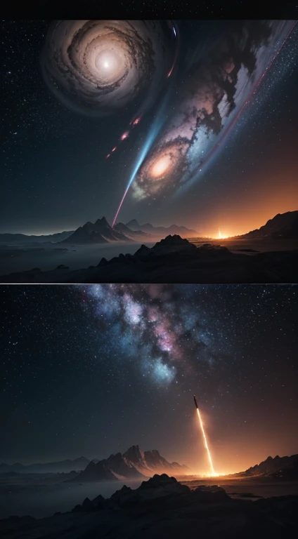 galaxies,rocket,planets,stars,detailed digital art(best quality,4k,8k,highres,masterpiece:1.2),ultra-detailed,(realistic,photorealistic,photo-realistic:1.37),HDR,UHD,studio lighting,extremely detailed spaceship and planets,galaxies in vivid colors,sharp fo...