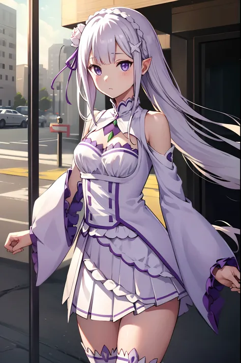 rezeroemilia, emilia, braid, crown braid, flower, hair flower, hair ornament, hair ribbon, long hair, pointy ears, (purple eyes:1.2), white hair, x hair ornament,
BREAK detached collar, detached sleeves, frilled sleeves, frills, long sleeves, miniskirt, pl...