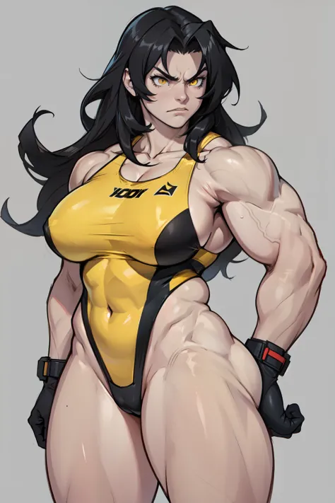 (1girl) pale skin huge breasts (muscular) toned body thick thighs black hair yellow eyes (skimpy swimsuit long hair grey background) bodybuilder angry