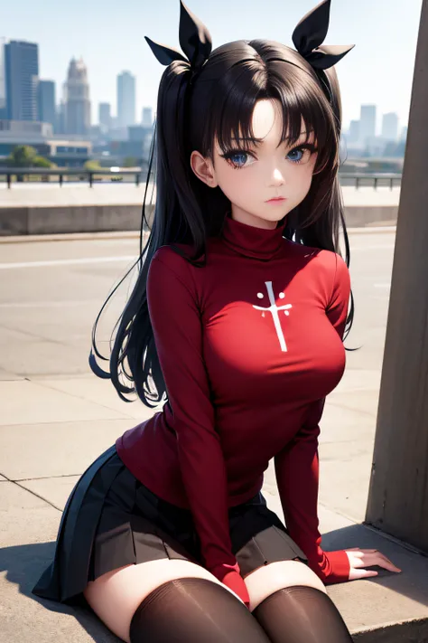 (masterpiece), best quality, expressive eyes, perfect face, 1girl, solo, rintohsaka, rin tohsaka, aqua eyes, black hair, hair ribbon, long hair, ribbon, sidelocks, two side up, black skirt, black thighhighs, long sleeves, miniskirt, pleated skirt, ((red sw...