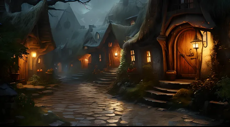 there is a small village with a lot of houses on the street, fantasy atmospheric lighting, medeival fantasy town, fantasy town setting, realistic fantasy render, fantasy matte painting，cute, dark fantasy setting, beautiful render of a fairytale, dota matte...