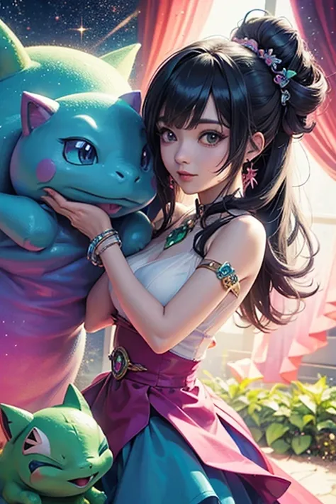 anime style; 3d; glitter; pokemon ivysaur is human; creative outfit based Ivysaur of pokemon