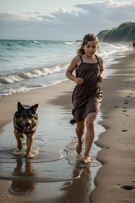 An 8-year-old girl in long dress running next to her German Shepherd dog on the beach