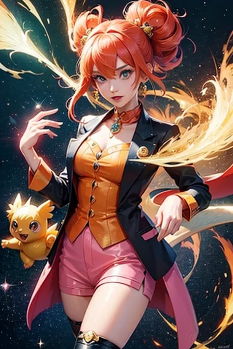 anime style; 3d; glitter; pokemon charmander is human; fancy and luxurious outfit based in Charmander of pokemon; details based in Charmander