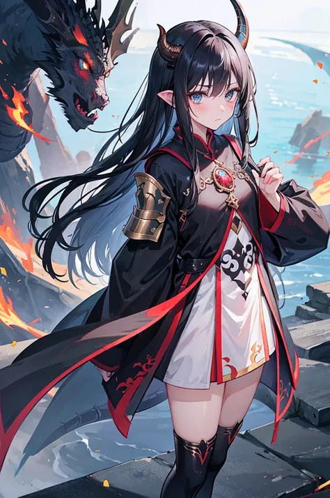 1 girl, black hair, straight hair, blue eyes, small eyes, turime, mature face, see-through, blurry background, blushed, look down, ((dragon horn)), sword, flame, shadow, ashes, armor, dawn, lake