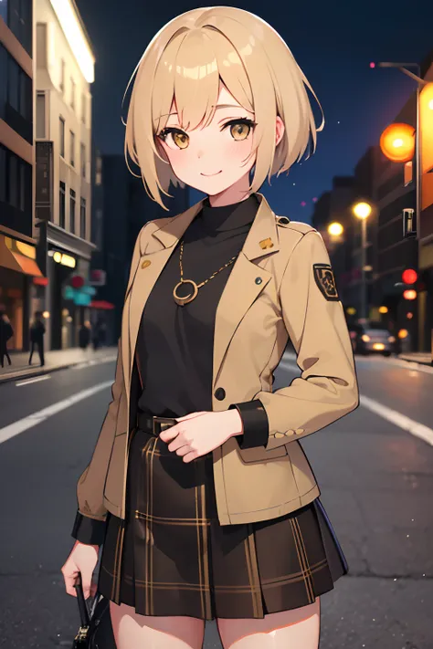 1girl, mp-40 girls frontline, short blonde hair, parted bangs, light brown eyes, small breasts, brown short jacket, black t-shirt, black plaid skirt, date night, night time, street, yellow street lights, smile, faint blush, 8k, masterpiece