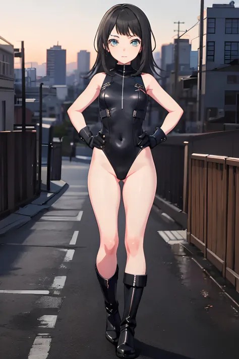 umiriyahata, looking at viewer, masterpiece, best quality, highres, 1girl, solo, superhero, leotard, bare legs, boots, matching boots, sleeveless, gloves, matching gloves, city backdrop, black leotard, standing, hands on hip, full body shot, glowing body