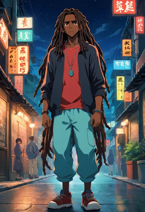 large black man with long dreadlocks. wearing streetwear, standing in street at night