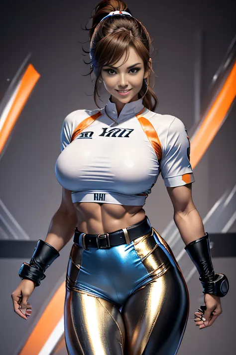 Arafe woman solo with ponytail hair、Fighting Game Fighter、Fitness Model、Big breasts about to burst、No exposed skin、Metallic orange fighting suit、thin and long legs,、Fitness Body Shape、half-pants、White belt、Pose ready to fight、Mischievous smile