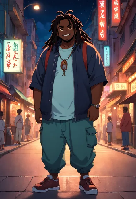 chubby dark skinned black man, moor, with  black  dreadlocks. wearing streetwear, standing in street at night, glowing eyes, evil grin