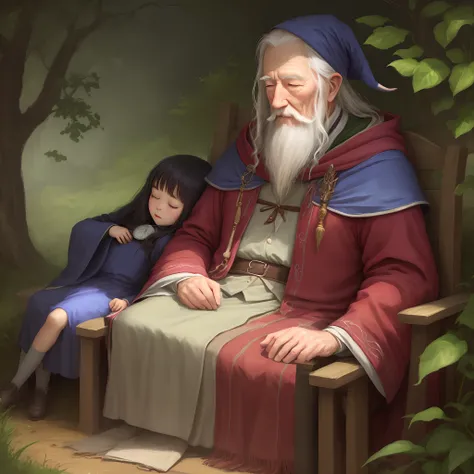 Old wizard watching a girl sleep