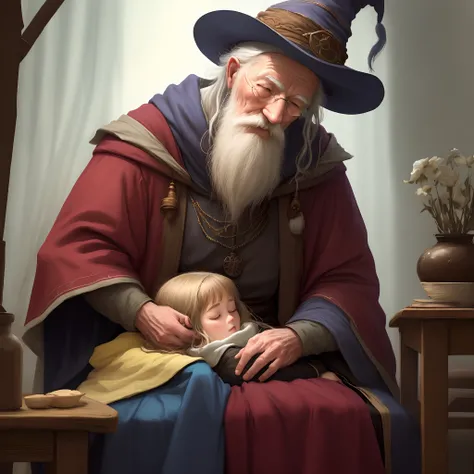 Old wizard watching a girl sleep