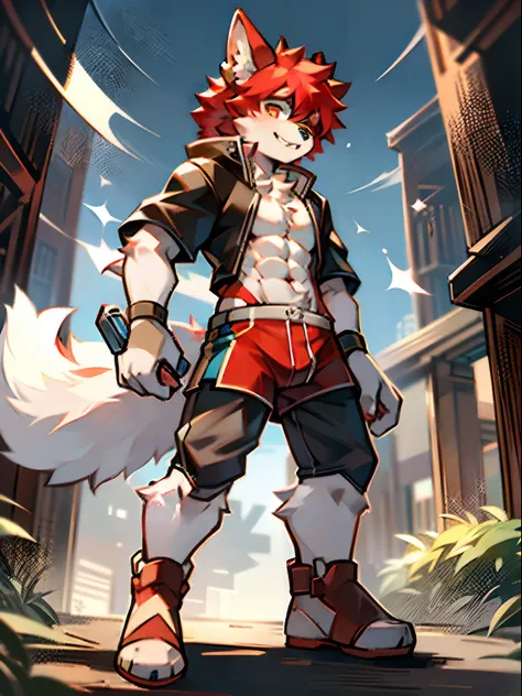 Red and white fur, eyes with brightness, in a panoramic view，Character focus，Full body like，独奏,solo person， Correct human anatomy。male people，Furry male wolf，eyes blue，White-colored skin， red hair，red animal ears，leisure wear，grey shorts，Sports socks，Young...