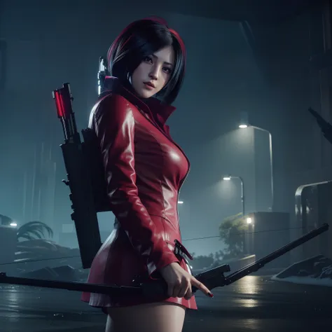 hd, ada wong, beautiful face, bob hair, red coat with black nail polish,  glare, holding a gun