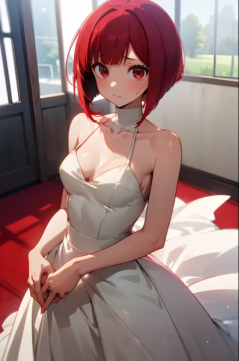 masutepiece, Best Quality, High resolution, Ultra High Resolution, depth of fields,1girl in, Red Eyes, Red hair, ((Bob Hair)), (wedding dress), Small breasts, cleavage, chies