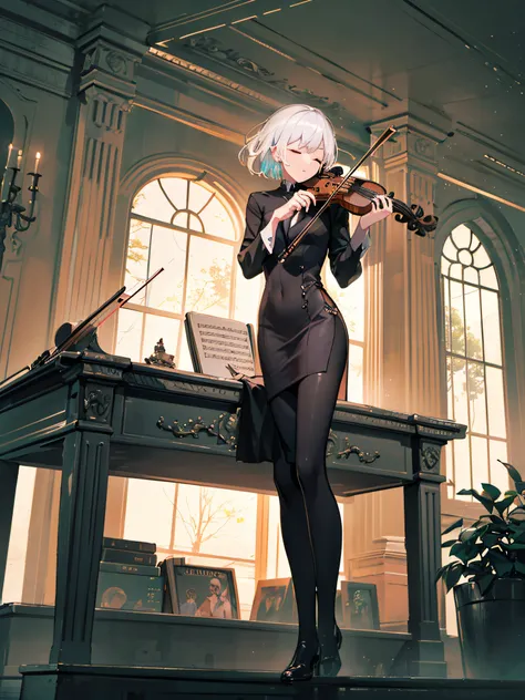 A boy sitting with legs crossed (((playing the violin))), eyes closed, enjoying the music, harmony, white hair, long sideburns, refined face, yellow lights with different heights, {extremely detailed 16k CG unit wallpaper }, expansive landscape photography...