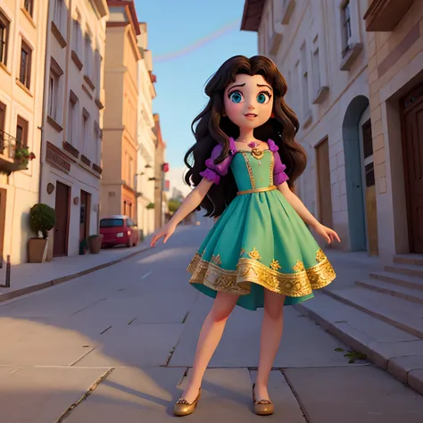 Mulher parecida com a Gothel do filme Enrolados , com os olhos escuros, with short rainbow dress, na cidade.