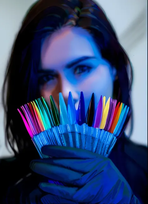 mulher aranguada segurando um leque de canetas Coridas na frente de seu rosto, fotografia Corida, Chorid gels, !!! fotografia Corida, holding brushes, cores ultravioleta e neon, Cores brilhantes, Neon heart, Cor ( sony um 7 r iv, foto Corida, neons Coridos...