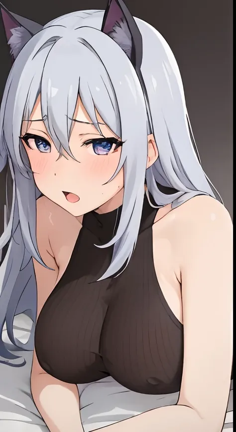 NSFW, 1 girl, waifu, 19-years-old anime girl,ecchi anime style, bedroom background, girl with silver hair, big boobs, luscious thighs, thicc, perfect body, beautiful face, indigo-colored eyes, colorful, beautiful iris, beautiful eyes, bid beautiful ass, la...