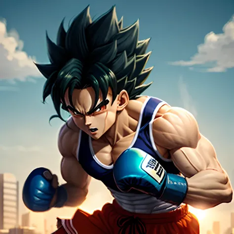 A saiyan boxer with blue, curly hair.