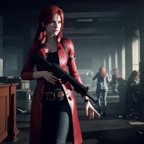 4K, HD, ((Claire Redfield 40 years old)), beautiful face, looking at viewer, very long red hair, perfect Face, black jeans, red long coat with black t-shirt, red nail polish, friendly face, Glare, holding a gun