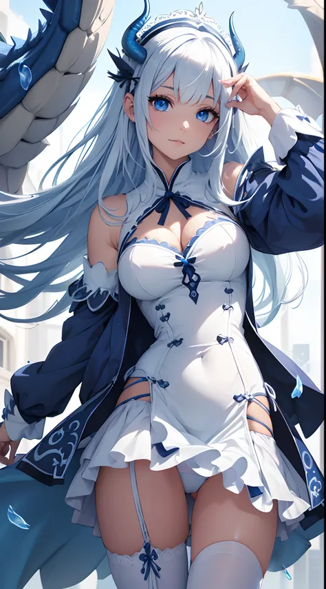 Una chica con vestido azul y pelo blanco al estilo cazador de dragones,Mouint in the air with a big blue dragon, en HD, Hermosa y con un aura poderosa, 4k,(vestido lolita:1.4),(mostrando panties White:1 4),(Dragon White:1.4)More detailed 8K.motor irreal:1....