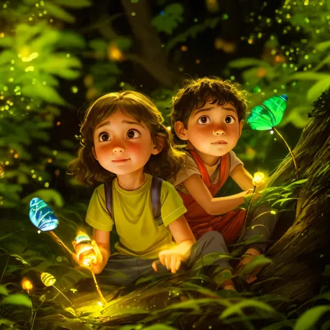 There are two children who are sitting in a tree, Fuegos fatuos de la Hora Dorada, Fireflies and glowing wisps, Jungle vines and fireflies, animated movie still, Cozy night fireflies, animated movie, Award-winning film Still, Among wonderful golden firefli...