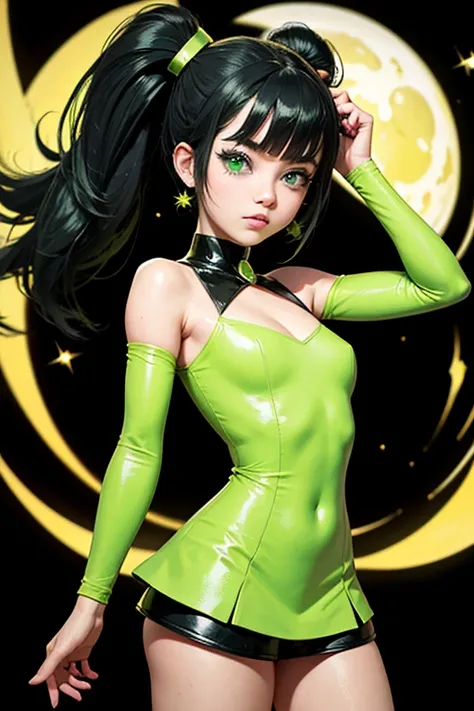 anime style; 3d; glitter; Buttercup from The Powerpuff Girls; color is green, and she has short black hair in a flip