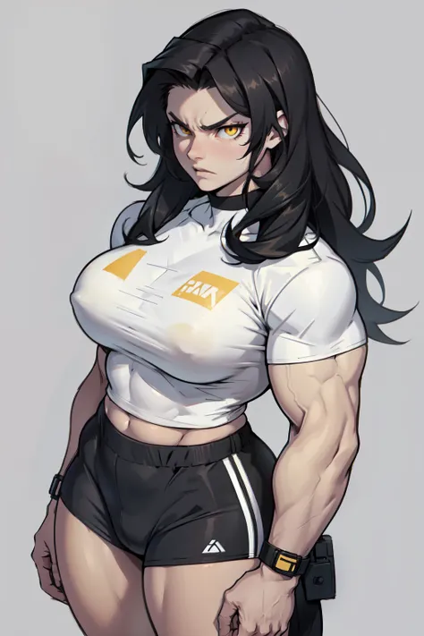 ((1girl)) pale skin large breasts (muscular) toned body thick thighs black hair yellow eyes (long hair grey background) bodybuilder angry tight shirt