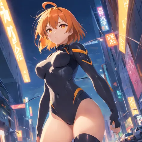 ​masterpiece、top-quality、1 female、Orange hair、huge tit、Big ass、black rubber suit、yellow  eyes、thick thighs、a short bob、wide hips、Thigh muscles、(Spark:0.7)